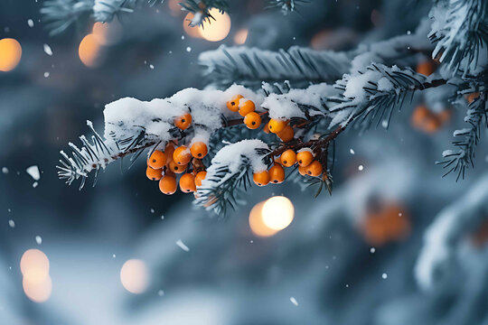 Snow background with christmas day concept. Christmas tree branch covered with snow decorated with garland lights, copy space.