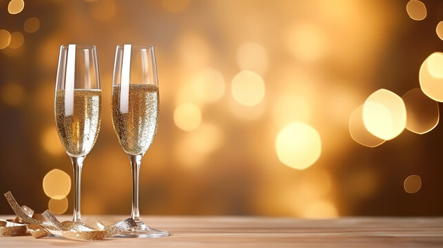 Golden bokeh background with champagne glass