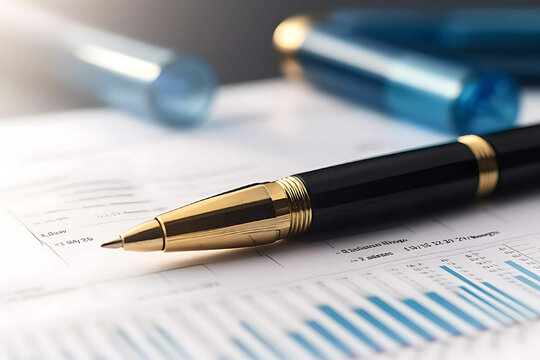 Pen on the table with paper, business financial analysis data and investment planning, financial reports.