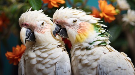 Fototapeta premium Parrot macaw couple in flower branch, Rio parrot couple in branch