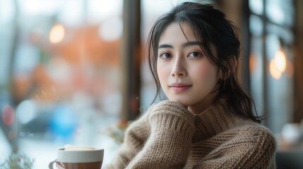 Young beauty Asian woman enjoying a cup of coffee in cafe Casual Lifestyle Poses