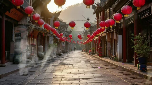 Animation chinese new year celebrations on the streets of a chinese village. seamless 4k video looping background. generated with ai