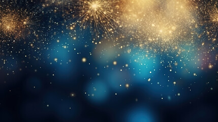 Abstract background new year, Blue and gold fireworks and celebrating holiday, copy space - obrazy, fototapety, plakaty
