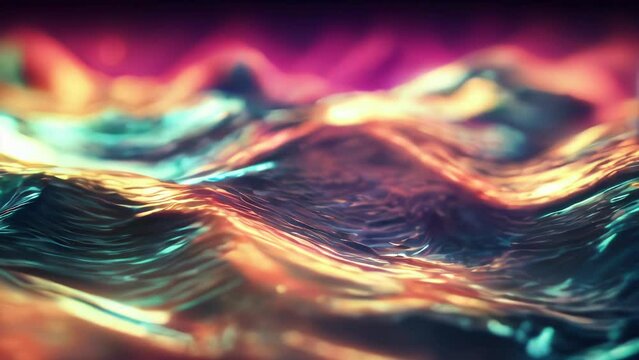 Undulating water surface catching light, creating vividly colored ripples. The dynamic wave shapes and light effects produce an ethereal atmosphere.
