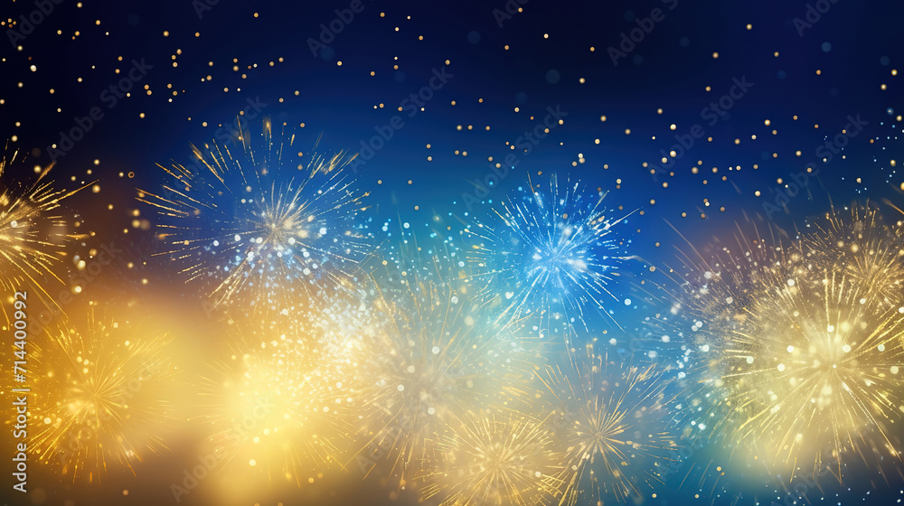 Wall mural abstract background new year, cheering crowd and blue and gold fireworks and celebrating holiday