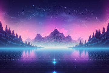 Retro Vaporwave Landscape Background: Sunset Over Mountains and Palm Trees