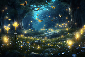 Magical Firefly Field at Night, Enchanted Landscape, Lightning Bugs