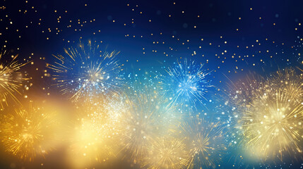 Abstract background new year, cheering crowd and blue and gold fireworks and celebrating holiday