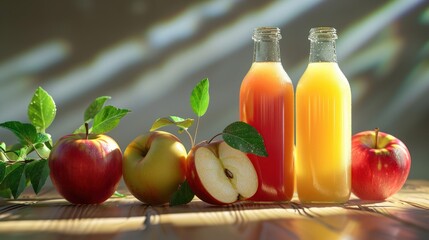  apples, oranges, and apple juice are arranged in a row on a table with sunlight streaming through the back drop off of the bottle to the left side of the image.