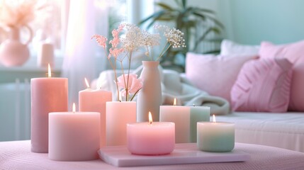  a table topped with lots of lit candles next to a vase filled with baby's breath flowers on top of a white table cloth covered in front of a window sill. - obrazy, fototapety, plakaty