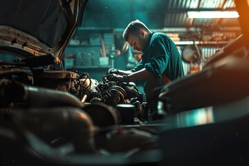 car mechanic working in the garage - obrazy, fototapety, plakaty