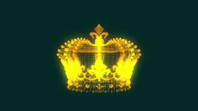 Rotating 3D golden crown model with plexus effect, geometrical lines and triangular shapes with dots on dark green background.