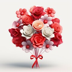 3D bouquet of flowers and sweets and hearts on a stick on a white background
