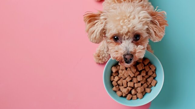  a small dog eating food out of a blue bowl on a pink and blue background with a pink spot in the middle of the bowl and a blue spot in the middle of the bowl.