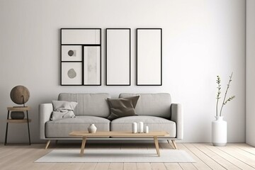 Modern interior with a minimalist living room featuring a poster frame. 3D rendering and illustration. Generative AI