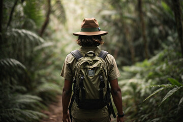 Happy and carefree woman enjoying nature on a grass meadow in the forest near a waterfall, with sunrise. Beauty girl outdoors. Freedom concept. Lens flare effect. Sun rays. Enjoyment