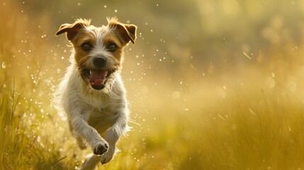  a small brown and white dog running through a field of tall grass with water droplets on it's face and a blurry background of green grass and yellow grass.