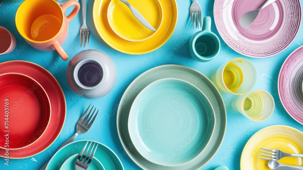 Wall mural  a table topped with lots of different colored plates and bowls with forks and spoons next to each other on top of a blue table cloth covered with colorful plates and utensils.