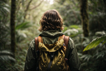 Obraz premium Adventure Travel: Explorer Trekking through Dense Jungle,Freedom concept. Len flare effect. Sunbeams. Enjoyment