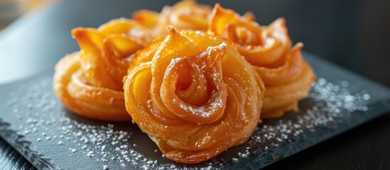 Moroccan pastries resembling a rose, fried to golden perfection, topped with homemade syrup on a slate plate with a handmade tablecloth.