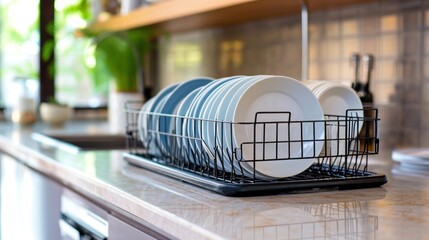  a bunch of dishes that are sitting in a dish rack on a kitchen counter with a green plant in the middle of the dish rack on top of the dishwasher. - obrazy, fototapety, plakaty