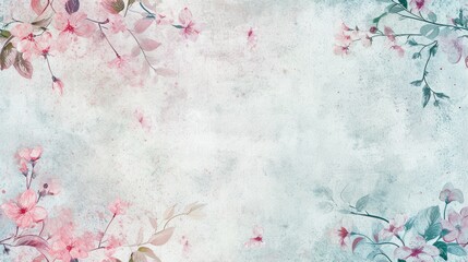  a painting of pink flowers and green leaves on a blue and white background with space for a text or a name on the left side of the painting of the image.