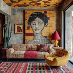 A boho style living room in a warehouse conversion with distressed walls and a mixture of textures, patterns and art in bright colors.