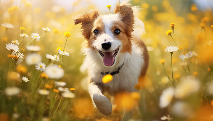 Joyful dog running in a field of yellow flowers ,spring concept