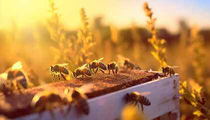 Close-up of bees and honeycombs in sunset light ,spring concept