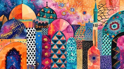  a painting of a colorful cityscape with a lot of stars and dots on the top of the building and the top of the buildings on the top of the building.