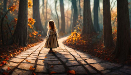 Generated image of a small girl walking a stone path alone through colorful autumn woods in the...