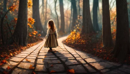 Tuinposter Generated image of a small girl walking a stone path alone through colorful autumn woods in the late afternoon © Robert Paulus