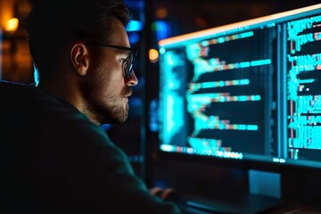 Fototapeta premium man programmer code on computer screen with cybersecurity hologram