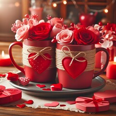 Love Brews: Two Red Coffee Mugs on a Romantic Valentine's Table.