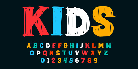 Modern playful alphabet letter and number set. Bright, vivid multicolor funky font or typography. Vector bold font for poster, flyer, book cover, greeting card, product packaging, graphic print, etc.