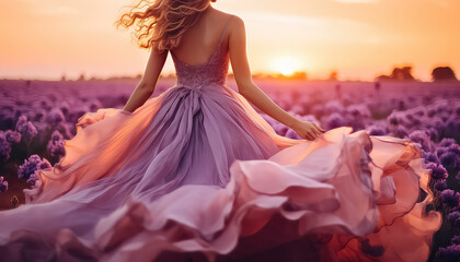 Woman in a long purple dress in a field at sunset ,spring concept - obrazy, fototapety, plakaty