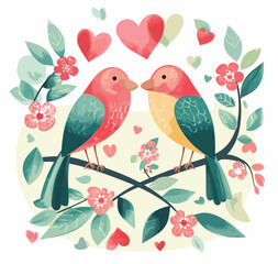 Couples' Lovebirds on a Floral Branch, romantic moment