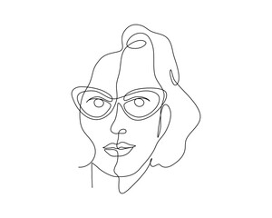 Continuous line art of a beautiful woman face wear cat eye glasses, editable lineart vector illustration.