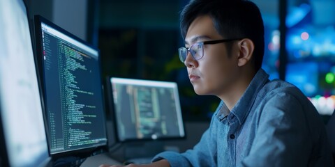 dedicated Asian software developer troubleshooting code with a determined expression