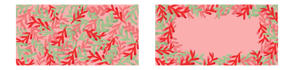 Set of two abstract colorful hand-drawn design with doodles branches, leaves on pink background. Bright red, pink, green vector illustration for cards, business, banners, textile, wallpaper