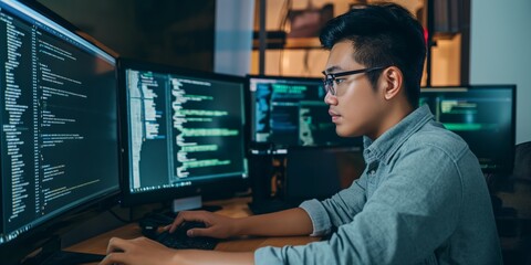 Asian software developer immersed in coding, displaying precision and expertise - obrazy, fototapety, plakaty