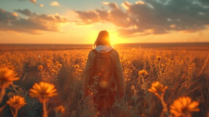  a person standing in a field of sunflowers with the sun setting in the background and a sky filled with clouds and sunbeams in the foreground. - obrazy, fototapety, plakaty