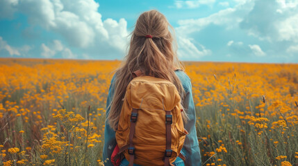  a woman with a backpack walks through a field of wildflowers under a blue sky with wispy clouds in the background on a sunny, sunny day.