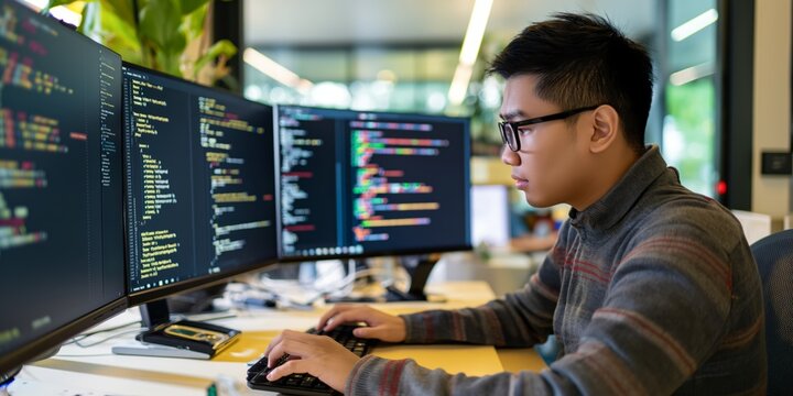 Asian software developer immersed in coding, displaying precision and expertise