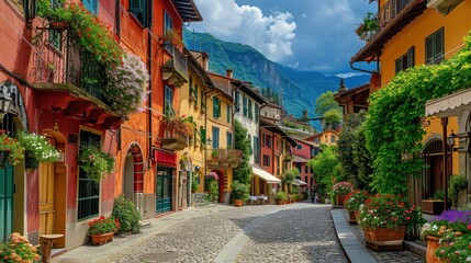  a cobblestone street with potted plants on either side of the street and a mountain in the backgrouf of the street, with a blue sky and white clouds in the background.