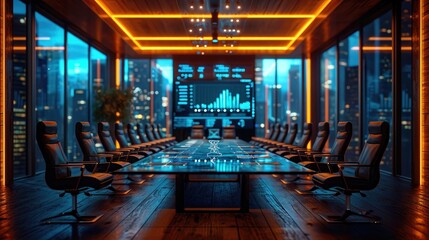 modern meeting room, large table, chairs, made with generative ai, business works, huge skyline windows.An ultramodern metallic boardroom filled with holographic projection screens displaying statisti