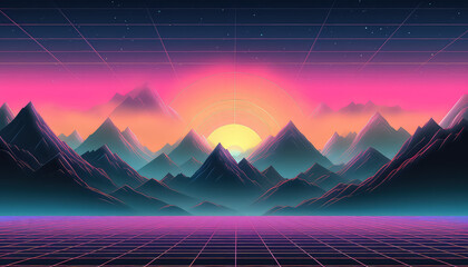 Sunset in the mountains in neon color ,spring concept - obrazy, fototapety, plakaty