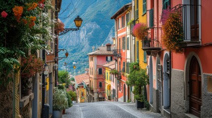 Obraz premium a street that has a bunch of buildings on both sides of it and a lamp post on the side of the street with flowers on the side of the street.