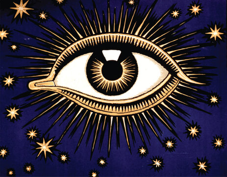An eye surrounded by stars illustration. Mind's eye illustration.