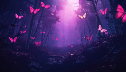 Magic Night Forest and Butterflies in neon color ,spring concept